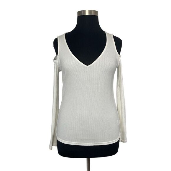 Gap XL Off White Long Sleeve Rib Knit Tee Cold Shoulder NWT Basic Layering - Picture 7 of 10